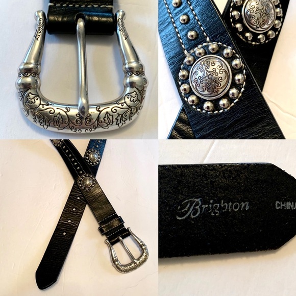 Brighton Black Leather Belt with Silver Conchos and Engraved Buckle